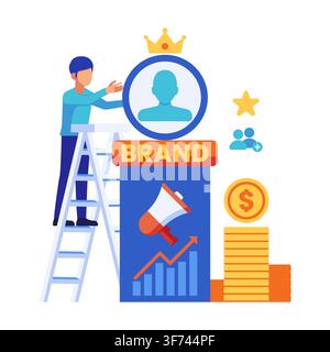 Isometric Personal Brand Growth Concept with Businessman Climbing Ladder to Build Personal Brand Stock Vector