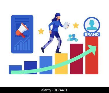Businesswoman Climbing Steps to Personal Branding Success. Personal brand growth concept Stock Vector