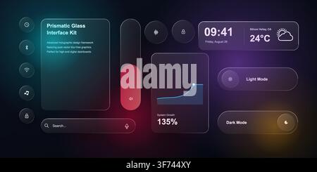 Prismatic glass interface kit with frosted ui elements, holographic design framework, and glowing buttons for digital dashboards Stock Vector