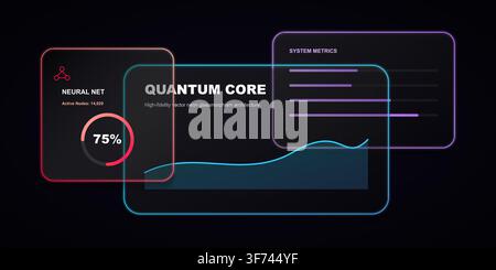 Quantum core neural network interface with neon glassmorphism design and system metrics dashboard Stock Vector