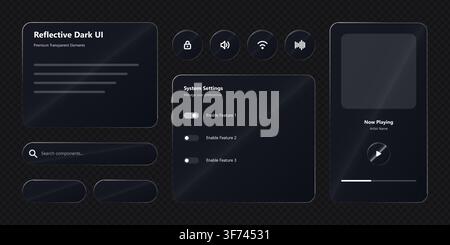 Reflective dark ui elements kit with transparent glassmorphism style Stock Vector