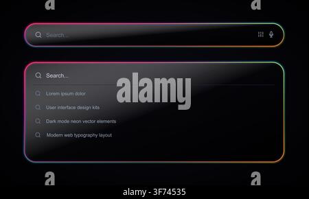 Dark mode search bar ui components with glowing rgb neon gradient borders, glassmorphism effect, and dropdown menu options for web interface Stock Vector