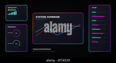 Cyberpunk data dashboard interface with neon glow effects Stock Vector