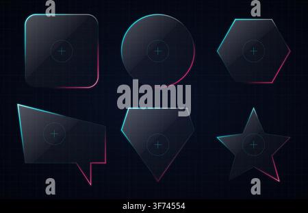 Set of futuristic glassmorphism ui elements with neon glowing borders and target icons Stock Vector