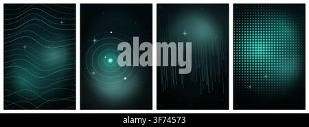 Set of abstract space backgrounds with green glowing elements, wavy lines, circular orbits, vertical rain effect and halftone patterns in deep space Stock Vector