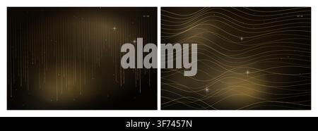 Two abstract space posters with gold gradient, vertical light rays and wavy lines on dark background Stock Vector