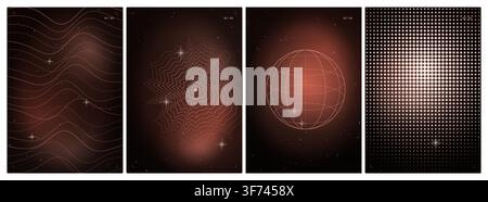 Set of four abstract space posters with red gradient, wavy lines, geometric shapes, wireframe planet and halftone pattern on dark background Stock Vector