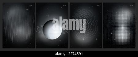 Set of abstract space posters with planets, stars, and geometric patterns in monochrome blue style Stock Vector