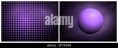 Abstract space digital art with planet and halftone pattern in purple gradient Stock Vector