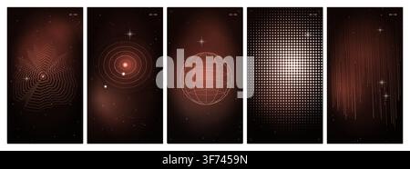 Set of abstract space posters with planets, stars, and geometric patterns in red gradient Stock Vector