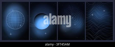 Set of abstract space posters with planets, orbits, and cosmic waves in blue gradient style Stock Vector