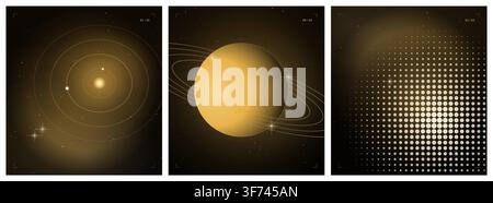Set of abstract space posters with solar system, planet with rings, and halftone pattern in gold gradient Stock Vector