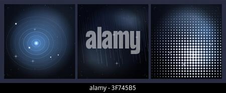 Set of abstract space backgrounds with blue glowing elements, circular orbits, vertical rain effect and halftone patterns in deep space Stock Vector