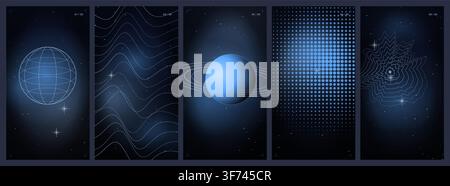 Set of abstract space backgrounds with planets, stars, halftone patterns and wave lines in blue color Stock Vector