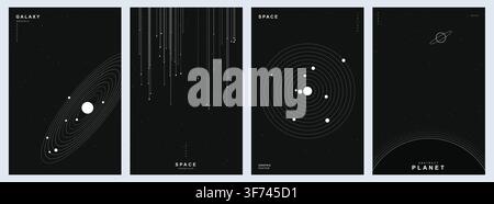 Set of four minimalist space posters with abstract planets, galaxy, and solar system orbits, white line art Stock Vector