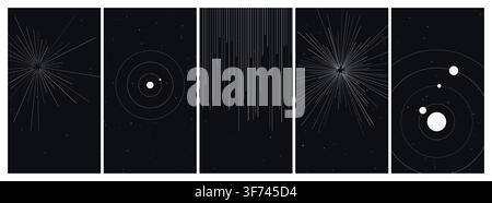 Set of five abstract space and galaxy backgrounds with stars, orbits, and light rays, minimalist white line art on dark background Stock Vector