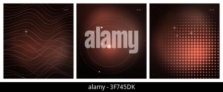 Set of abstract space backgrounds with wave lines, solar system and halftone patterns in red color Stock Vector