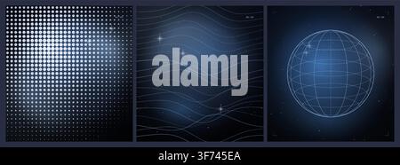 Set of abstract space backgrounds with halftone patterns, wave lines and grid spheres in blue color Stock Vector