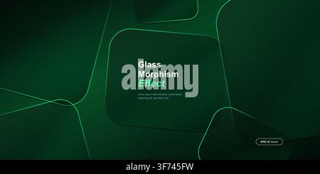 Abstract background with glass morphism effect, rounded square shapes and glowing neon lines in deep green gradient colors Stock Vector