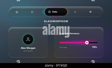 Glassmorphism premium ui kit dashboard with navigation bar and system performance monitor Stock Vector