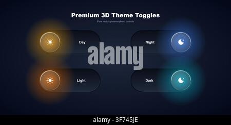 Premium 3d glassmorphism theme toggle switches with glowing light and dark mode icons on a dark background Stock Vector