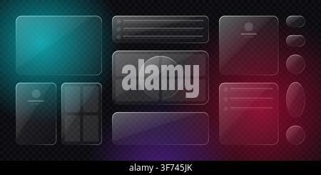 Set of glassmorphism ui elements with frosted glass effect and colorful glowing gradients Stock Vector