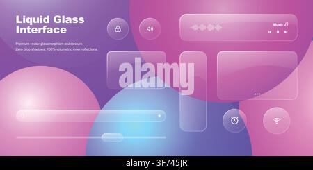 Liquid glass interface ui kit with frosted glass elements and purple gradient background Stock Vector