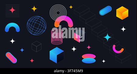 Set of abstract geometric shapes and 3d elements with vibrant gradients Stock Vector