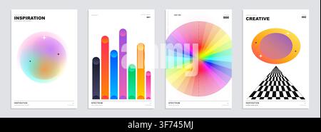 Set of four modern abstract posters with geometric shapes, vibrant gradients, and minimalist typography Stock Vector
