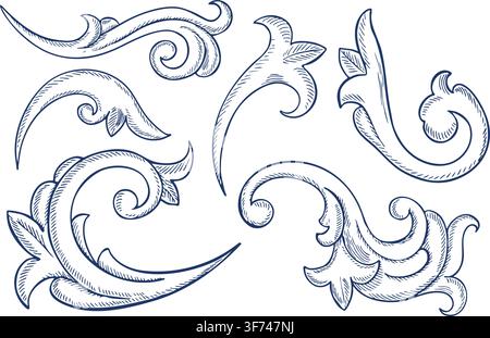 Set with decorative blue baroque ornaments. Vector, hand-drawn graphic illustration. Elements for borders, patterns, and textile prints. Design for Stock Vector