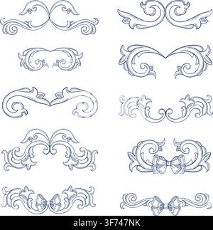A set of decorative blue ornaments in the Baroque style. Vector, graphic illustration. A element for borders, patterns and textile prints. Design of Stock Vector