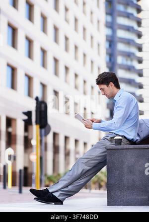 Tablet, scroll and businessman with realtor in city for market research, networking or search. Real estate agent, person and app with employee outdoor Stock Photo