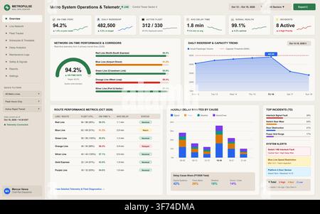 Digital interface displaying transit performance metrics, ridership trends, and system alerts for rail operations management. Stock Vector