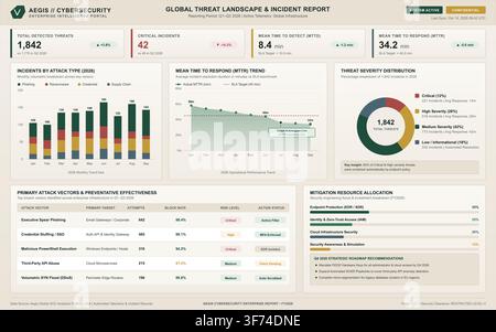 Professional enterprise security dashboard featuring analytical charts, threat metrics, and incident response data visualization. Stock Vector