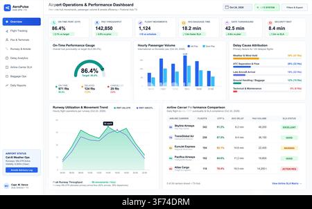 Modern digital interface displaying real-time aviation logistics, passenger throughput, and flight movement analytics data. Stock Vector