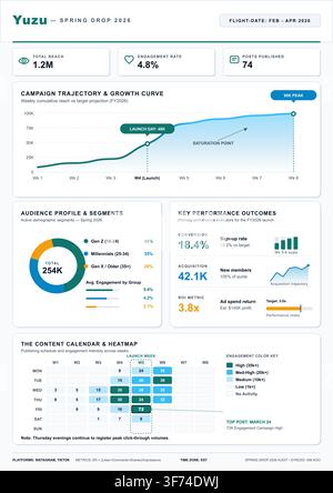 Professional business analytics report featuring growth curves, demographic segments, and content calendar heatmaps for marketing. Stock Vector