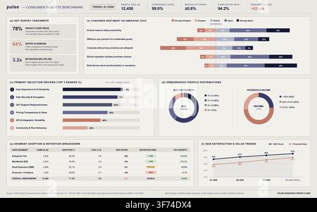 Professional business dashboard displaying consumer insights, demographic data, and market trends through various analytical charts. Stock Vector