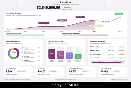Clean vector interface displaying marketing metrics, growth trends, and user demographics for a software launch. Stock Vector
