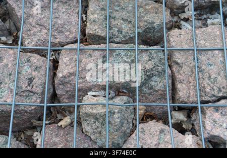 Granite cobblestone pavement texture viewed behind a metal wire mesh grid Stock Photo