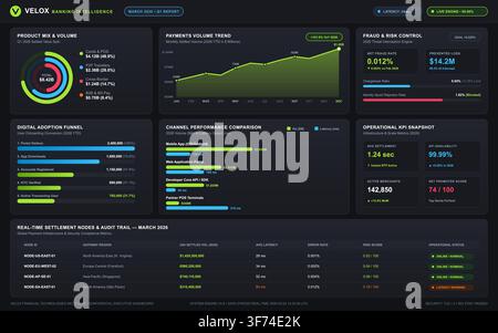 Professional dark mode financial dashboard with line graphs, bar charts, and real-time banking analytics data. Stock Vector