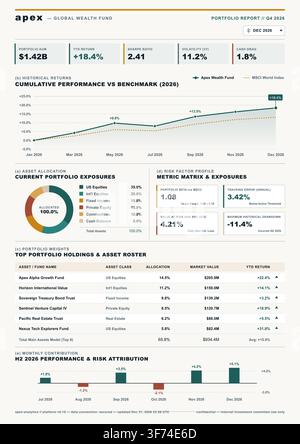 Professional financial report layout featuring line graphs, donut charts, and data tables for investment analysis. Stock Vector
