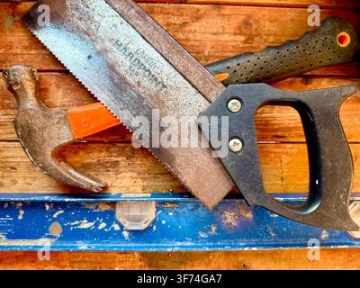 Hand tools on a workbench in a workshop in England, U.K. Stock Photo