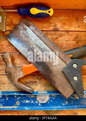 Hand tools on a workbench in a workshop in England, U.K. Stock Photo