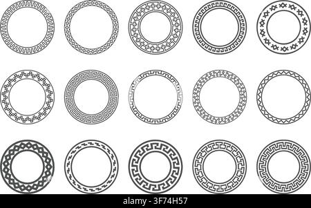 Round Greek key pattern with Roman meander ornament and symbolic motif. Circular vector frame border in traditional retro European geometric design Stock Vector