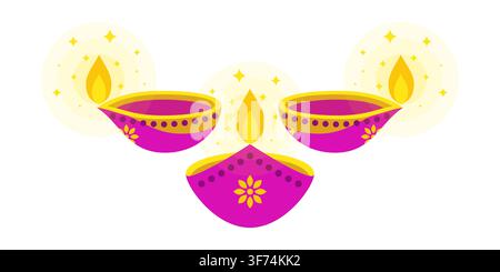 Three colorful Diwali diya oil lamps isolated on white background. Traditional glowing deepavali lamps for festival of lights celebration design. Indi Stock Vector