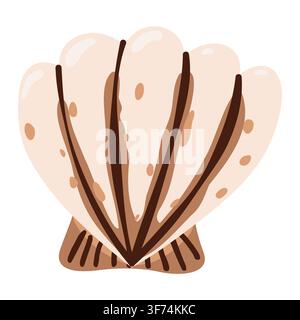 Cute beige seashell isolated on white background. Stylized cartoon scallop shell for summer beach and ocean design. Vector illustration Stock Vector