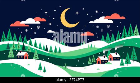 Charming winter village scene under a crescent moon with snow-covered landscape Stock Vector