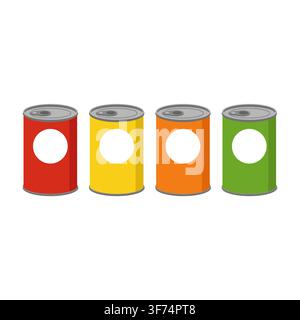 Four vibrant cylindrical cans in red, yellow, orange, and green colors with pull tabs, neatly aligned and isolated. Stock Vector