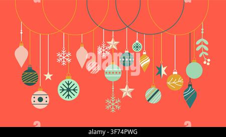 Colorful christmas ornaments hanging on festive red background Stock Vector
