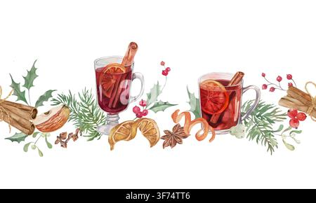 Watercolor Mulled Wine Seamless Border Frame with Cinnamon, Anise, Dried Oranges and Pine Branches Isolated on White Background. Vector EPS. Stock Vector